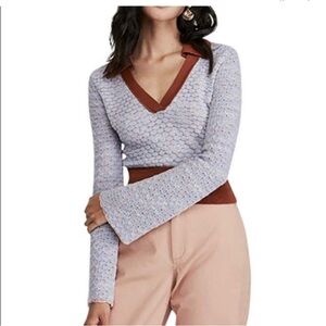 NWT Free People Retro Stylish V-Neck Sweater Bell Sleeve Collared Sweater Medium